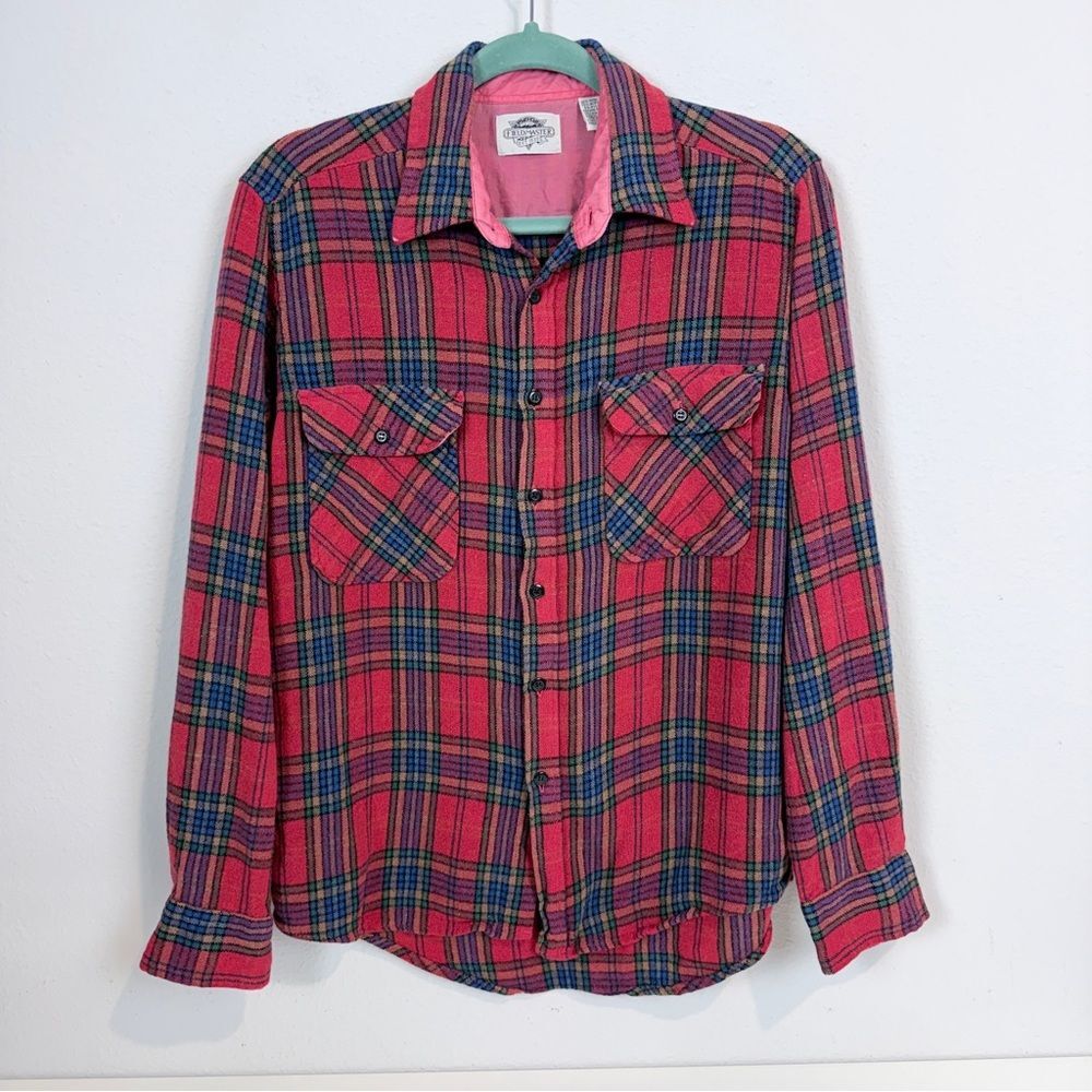 Vintage Fieldmaster Men's Red Blue Plaid Wool-Blend Button Down Shirt Korea M